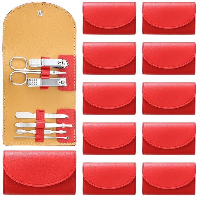 12 Set Manicure Set Bulk Mini Manicure Nail Clipper Kit 7 in 1 Stainless Steel Professional Nail Care Pedicure with Travel Portable Bag Grooming Kits for Women Men Home(Red)
