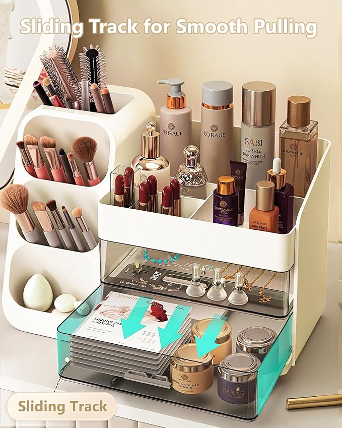 Makeup Organizer with Drawers, Skincare Organizer (Large Size Thick), Storage Box Cosmetic Display Cases, Make up Organizers for Vanity, Dresser, Desk, Kitchen, Countertop (cream)