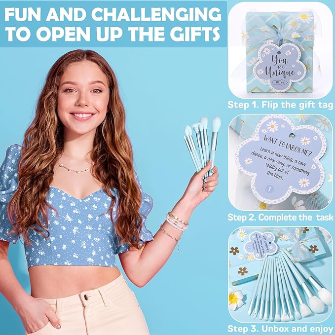 Birthday Gifts for Teen Girls - 8 PCS Graduation Gifts Basket for Tween Teen Girls, Teen Girl Gifts Trendy Stuff Fun Girl Empower Gift Box w/Task Tag, Make up Brushes Makeup Bag for Niece Daughter Her