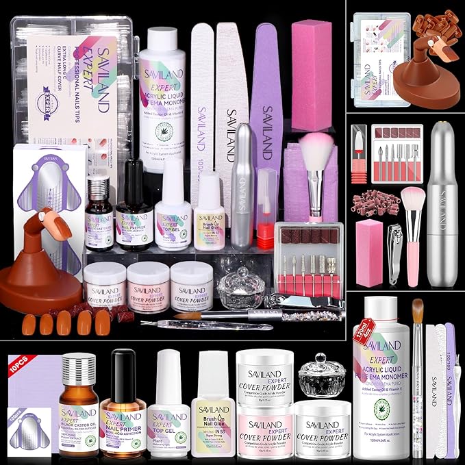 SAVILAND Acrylic Nail Kit for Beginners: Professional Nail Kit Acrylic Set with Practice Hand 400pcs Nail Tips Electric Nail Drill Pure EMA Acrylic Nail Kit for Nail Extension Home Salon Use