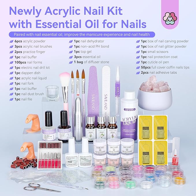 SAVILAND Professional Acrylic Nail Kit with Drill: Beginner's Starter Set with Essential Oil Nail Primer Dehydrator