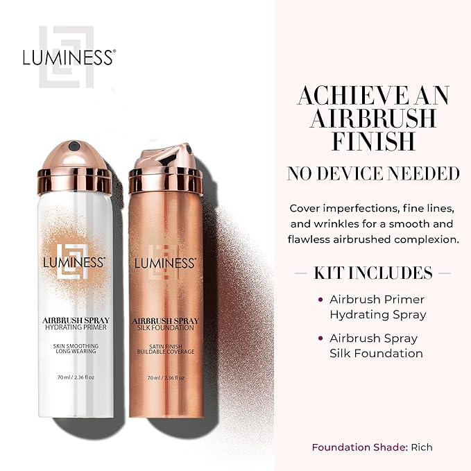 LUMINESS Silk Airbrush Spray Foundation & Primer Kit - Full Coverage Foundation, Anti-Aging Formula Hydrates & Moisturizes with Hyaluronic Acid, Aloe Vera & Hydrolyzed Silk (Shade - Rich)