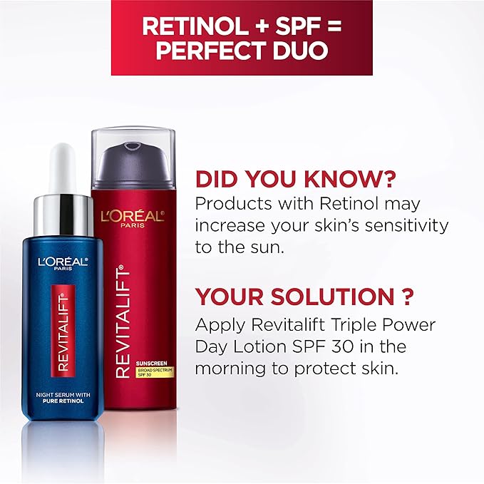 L'Oreal Paris Revitalift 0.3% Pure Retinol Night Serum, Reduce Deep Wrinkles, Fragrance Free 1 oz + Moisturizer Sample
