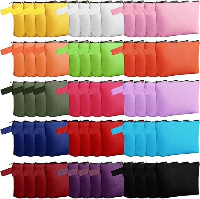 Reginary 60 Pieces Canvas Makeup Bags Bulk End of School Years Gift Cute Travel Cosmetic Pouch Multipurpose Blank Small Toiletry Bag DIY with Zipper for Travel Women Teens,15 Colors(8.6 x 5 x 2 Inch)