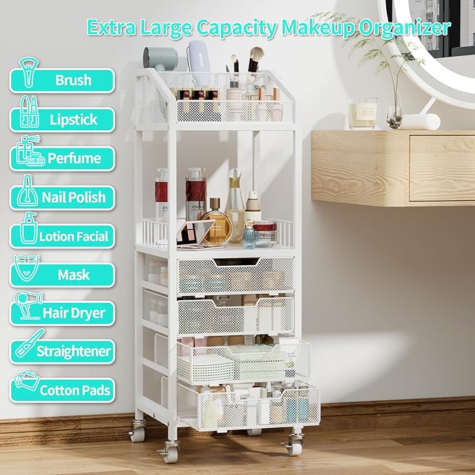 HapiRm Makeup Organizer Storage Cart - Floor Skincare Make Up Storage with 4 Drawers, Rolling Makeup Cart Vanity Organizer Cosmetics Display Cases Holder for Skin Care Perfume Nail Polish
