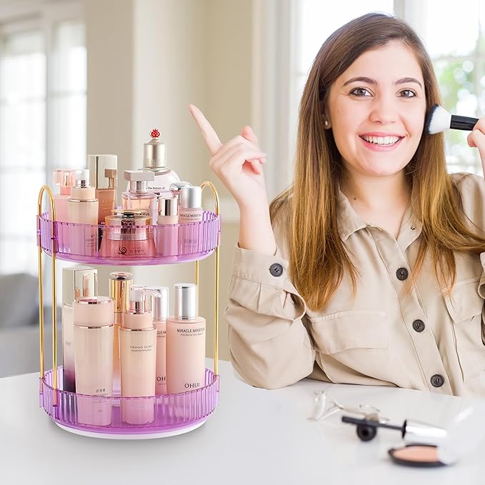 Aveniee Rotating Makeup Organizer for Vanity, Perfume Skincare Organizers Spinning, 2 Tier Bathroom Countertop Storage Organizer, Cosmetics Lipstick Holder for Countert Dresser(Purple)