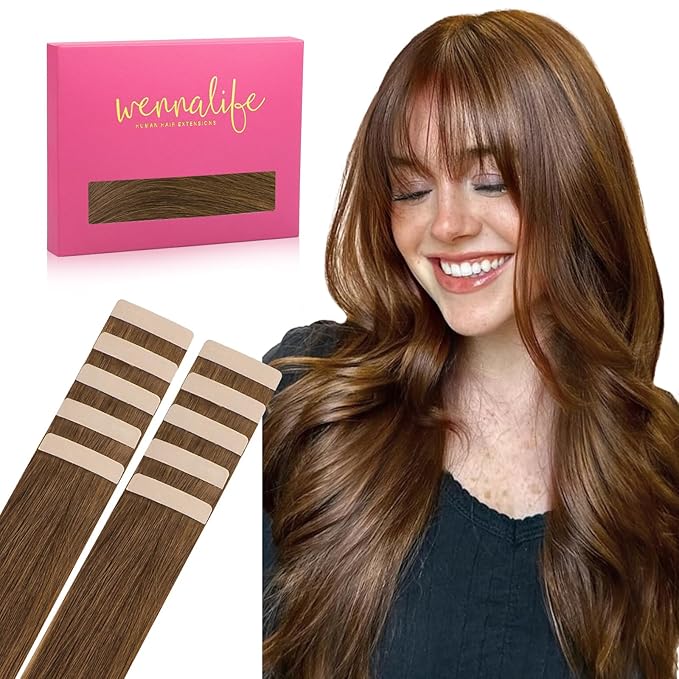 Wennalife Tape in Hair Extensions Human Hair Light Auburn Brown Tape in Extensions, 10pcs 20g 12 inch Remy Invisible Tape Ins Straight Colored Soft Real Human Hair Tape in Extensions Refill Set