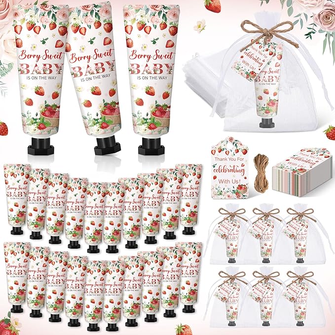 48 Sets Strawberry Hand Cream Gifts Baby Shower Party Hand Cream Favors for Guests Berry Sweet Baby Is on the Way Gift Bulk Travel Size Hand Lotion Set for Guest