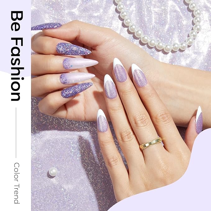 Modelones Purple Glitter Gel Nail Polish Set, 6 Colors Shimmer Violet Mermaid Gel Nail Cat Eye Sparkle Soak Off Led Nail Polish for Women Girl DIY Nail Art Gift