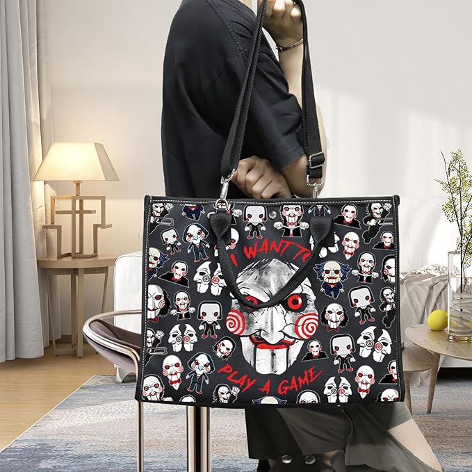 LEVLO Sadistic Thriller Tote Bag Horror Movie Fans Gift I Want To Play A GamePuzzle Horror Shoulder Bag Horror Movie Merch