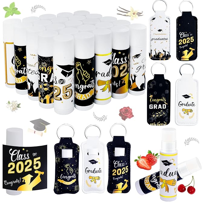 36 Pcs 2025 Graduation Gift Bulk Lip Balms Class of Graduation Party Favors Chapstick Holder Keychain and Lip Balms Set for Students Dry Chapped Lips Classmates Graduation Party