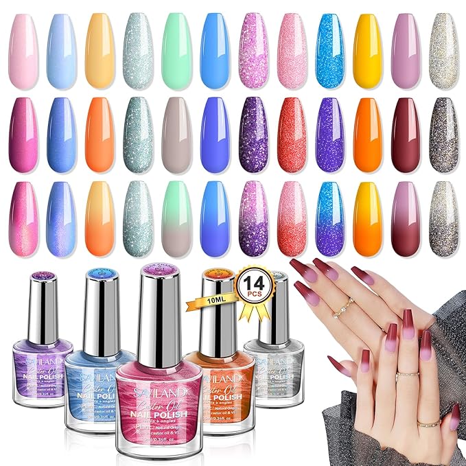 SAVILAND Color Changing Nail Polish Set: 12 Christmas Winter Colors Fingernail Polish Red Green Pink Air Quick Dry Temperature Change Mood Ombre Nail Polish with Top Base Polish Coat Women Home Nails