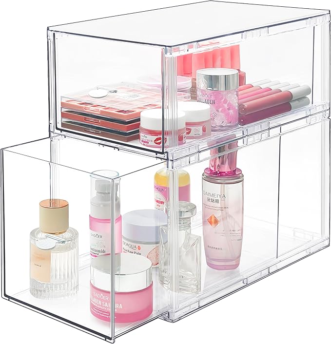 Stackable Storage Drawers Set of 2, Clear Makeup Organizer for Vanity, Acrylic Cosmetic Display Cases, Large Capacity Makeup Organizer Countertop, Undersink, Kitchen Organization and Storage
