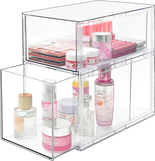 Stackable Storage Drawers Set of 2, Clear Makeup Organizer for Vanity, Acrylic Cosmetic Display Cases, Large Capacity Makeup Organizer Countertop, Undersink, Kitchen Organization and Storage