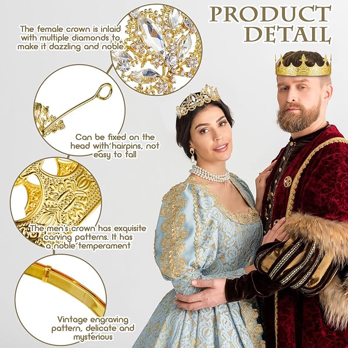 Sureio 2 Pcs Antique Royal King Crown for Men Baroque Queen Crown for 2025 Graduation Prom Party Crystal Tiara Prom Cosplay Birthday Wedding Hair Headband Accessories(Elegant Style)