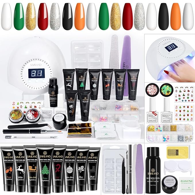 Saviland Christmas Poly Nail Gel Kit with U V Light: 8 Colors Poly Nail Gel Nail Kit Extension Slip Solution Nail Brush UV Nail Lamp Basic Tools Nail Art for Beginners Home DIY Christmas Gift