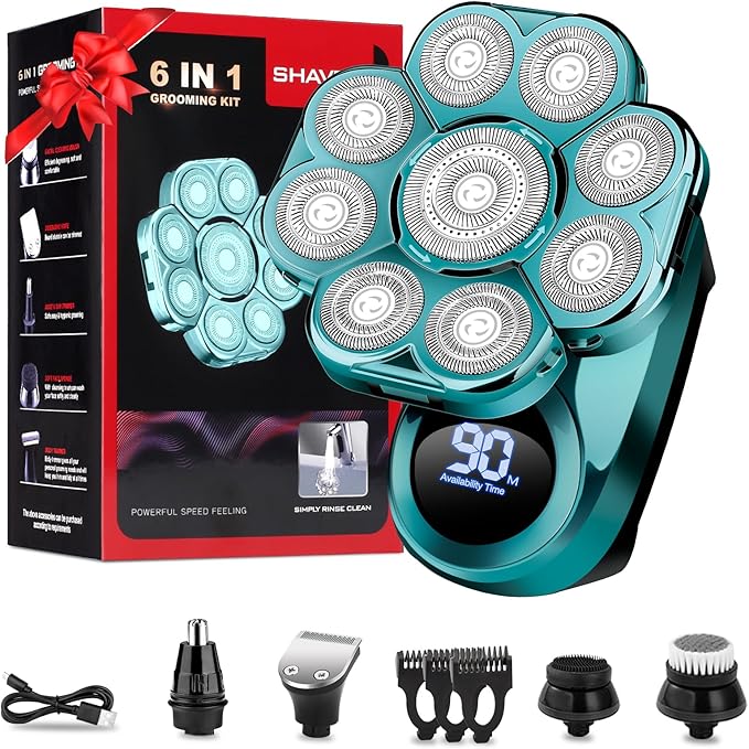 9D Head Shavers for Bald Men, Electric Shaver for Men,6 in 1 Mens Grooming Kit with Nose Hair Trimmer, Beard Trimmer,Waterproof Wet/Dry Rotary Shaver,Gift for Father, Husband, Boyfriend (Green)