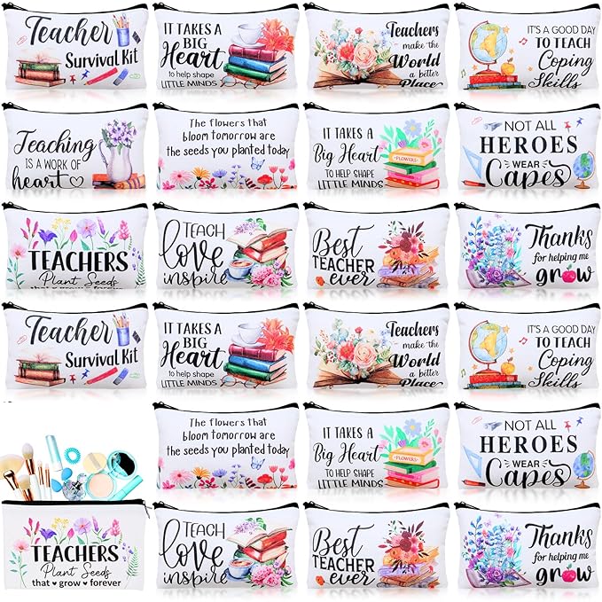24 Pieces Makeup Bags Bulk Canvas Cosmetic Bags Purse Organizer Zipper Cosmetic Pouch Portable Travel Toiletry Pouch for Women Men Gifts, 7 x 4 Inch (Teacher Thanks)