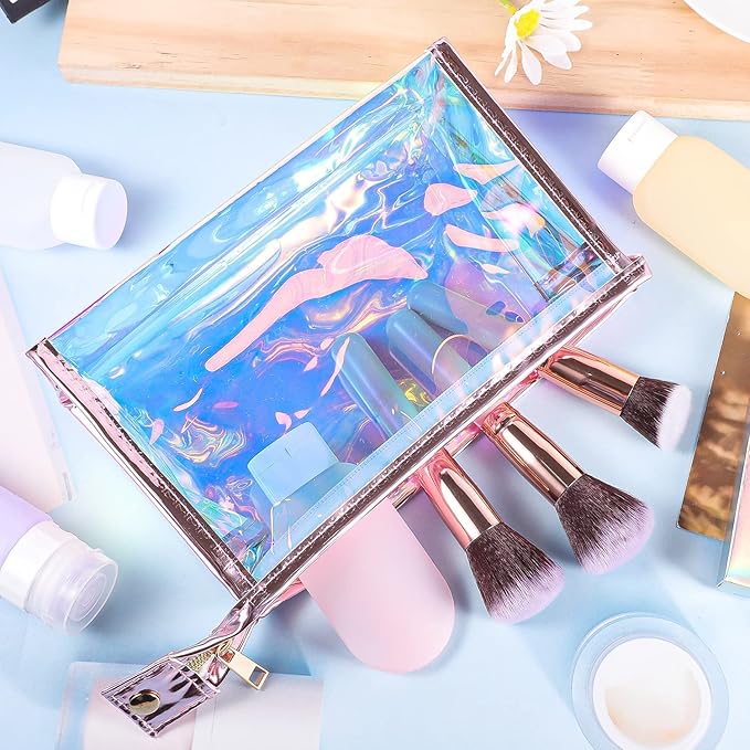 BESARTE 10 Pcs Holographic Makeup Bags Bulk, Mother's Day Gifts for Women Clear Portable Zippered Toiletry Bag Waterproof Cosmetic Bags Wedding Gifts for Bride Bridesmaids