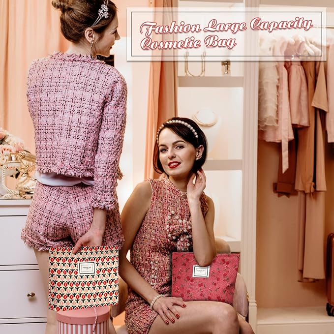 Sanwuta 6 Pcs Velvet Makeup Bag Large Capacity Corduroy Cosmetic Bag pattern Canvas Makeup Pouch with Zipper Travel Toiletry Accessories Organizer for Women Girls Gifts, 10 x 7 Inch(Flower)