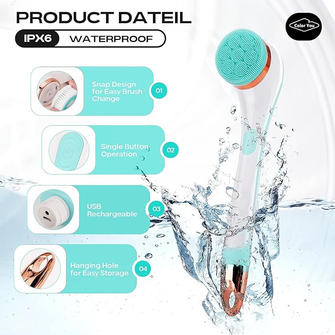 Color You Electric Body Brush for Exfoliating and Massage, Long Handle Electric Bath Brush Rechargeable Body Scrubber, Soft Silicone Spinning Skin Brush with 4 Spin Brush Heads for Man and Women