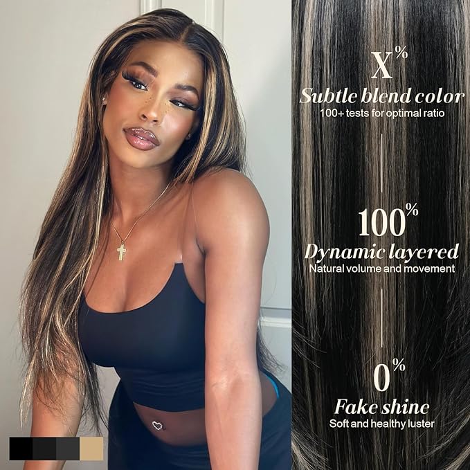 Black Wig With Bangs Wear and Go Glueless Synthetic Lace Front Highlight Wigs for Women Pre Plucked Pre Cut Layered Black and White Wig Ready to Wear Middle Part 26 Inch