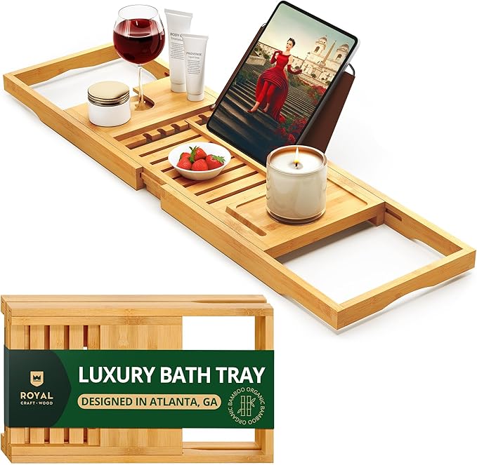 ROYAL CRAFT WOOD Premium Foldable Bathtub Tray - Wood Bath Tray for Tub, Bamboo Shelf, Expandable Bath Table Trays, Bathtub & Bathroom Accessories for New Home & Mothers Day & Birthday Gifts for Mom