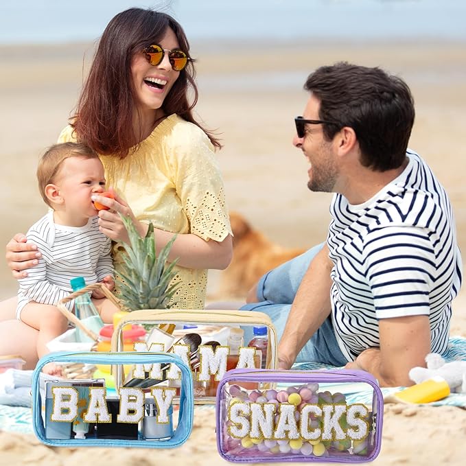 4 Pcs Mama and Baby Toiletry Bag Clear Chenille Letter Pouch Snacks Makeup Stuff Travel Diaper Bag Preppy Transparent Pouch with Zipper for Women Gift(Macarons Color)