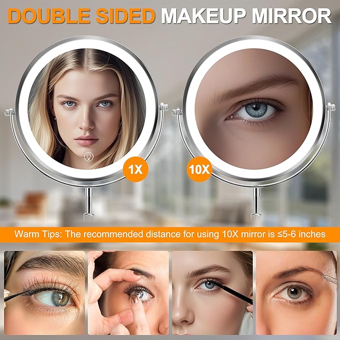 10x Large Lighted Makeup Mirror, Rechargeable 8.7" Double-Sided Vanity Mirror with 3 Color Dimmable Lights, 1X/10X Height Adjustable Magnifying Mirror, 360° Swivel, for Women Girl(Silver)