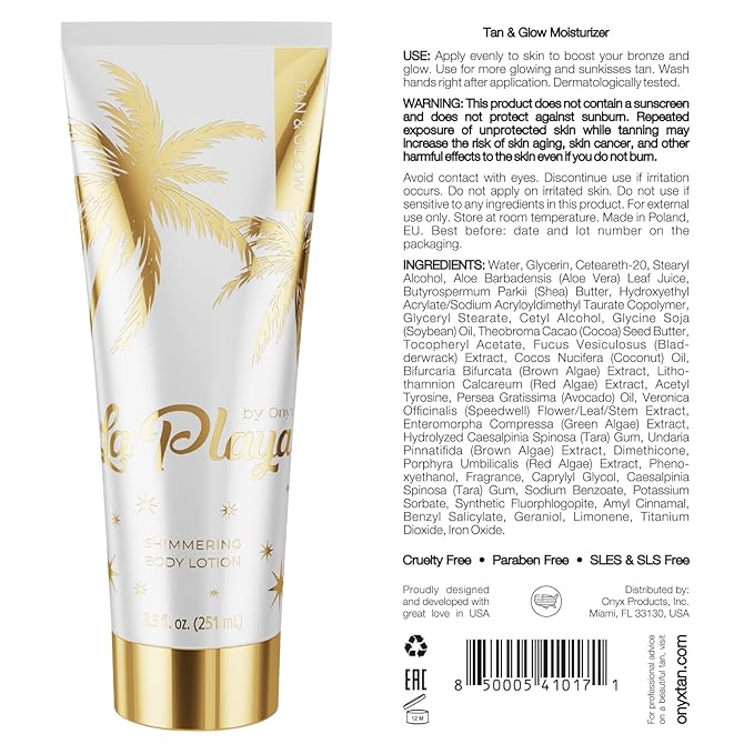 Onyx La Playa Tan & Glow Body Shimmer - Tan Extender & Illuminating Moisturizer - Anti-Streak After Tanning Lotion & Body Highlighter with Anti-Cellulite & Moisturizing Effect, Paraben Free