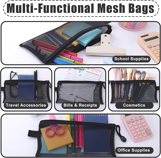 80 Pcs Mesh Zipper Pouch Bulk Multicolor Pencil Storage Pouch Multipurpose Mesh Cosmetics Bags Toiletry Makeup Bags for Office Travel Organization(Black)