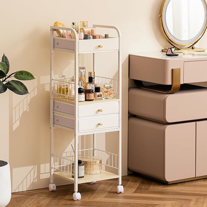 HBlife Floor Makeup Organizer Storage Cart, Make Up Organizers with Drawers, Vanity Cosmetics Display Cases Holder for Skincare Nail Polish Perfume, Bathroom Organizer Shelf with Wheels