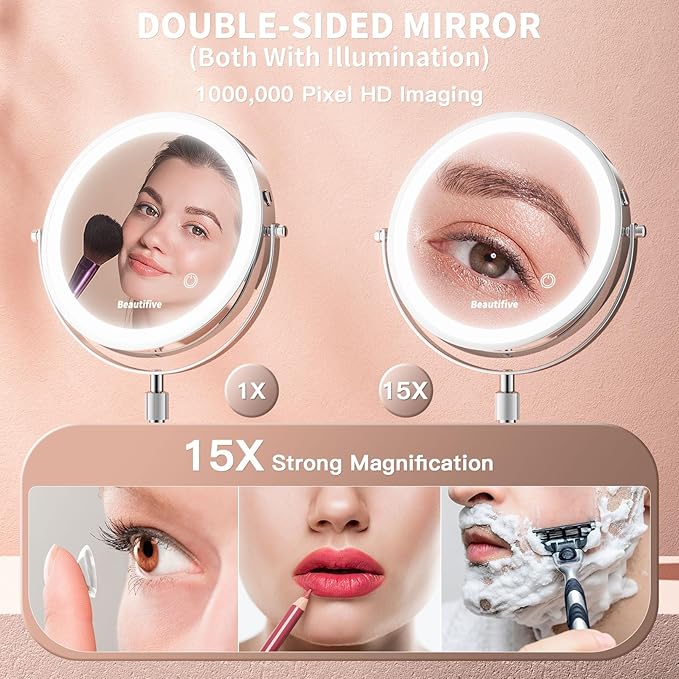 8” Large Lighted Makeup Mirror with Magnification, 15X/1X Rechargeable Magnifying Mirror with Lights, Stepless Dimming Light Up Table Mirror with Adjustable Height, 360° Rotation Vanity Makeup Mirror