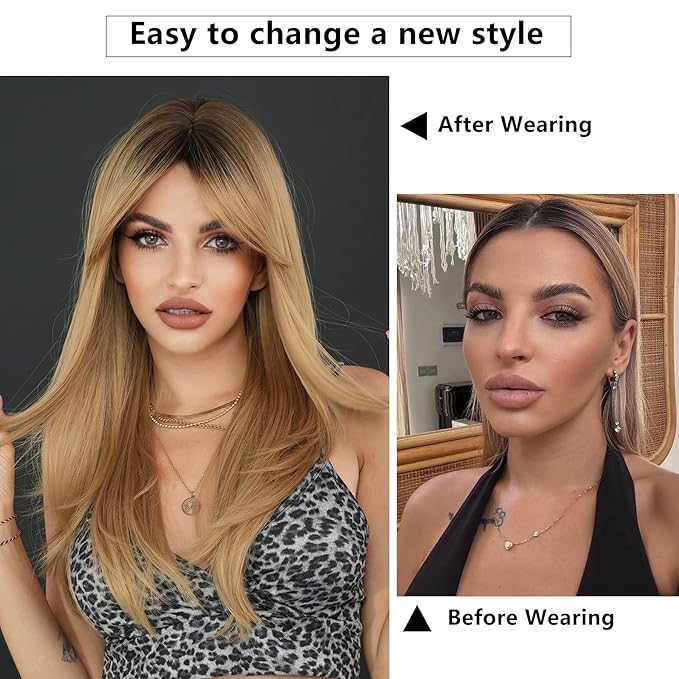 7JHH WIGS Blonde Layered Wig with Curtain Bangs Long Straight Pixie Cut wig with Dark Roots Natural Looking Heat Resistant Synthetic Hair Fiber Wigs for Women Daily Used