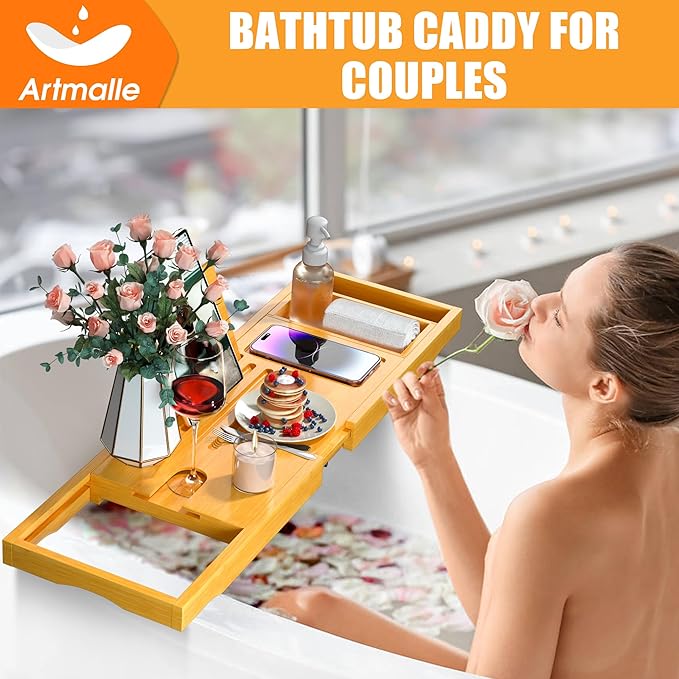 Artmalle Foldable Bathtub Tray for Tub, Bamboo Bathtub Caddy Tray Table with Book Stand for Luxury Bath, Bathroom Accessories for Women Men with Free Soap Dish (Semi-Simple, Natural) (Natural)