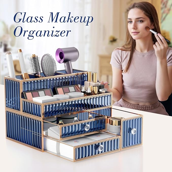Makeup Organizer Blue - Tempered Glass Vanity Organizer for Cosmetics, Skincare, Hair Tools, Brushes, Perfume - Multipurpose Bathroom Counter Skincare Organizer