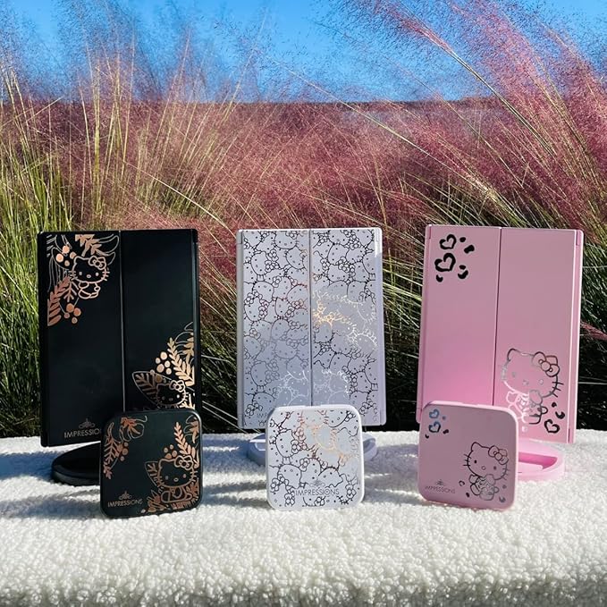 Impressions Vanity Hello Kitty Supercute Compact Mirror with Touch Sensor Switch for Adjustable Brightness, Lighted Makeup Mirror with LED Lights and 2X Magnifying Mirror Top (White)