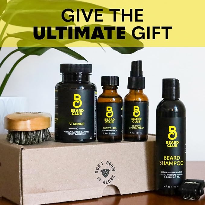 Beard Club Advanced Beard Growth Kit - Derma Roller, Growth Oil, Vitamins and Vitamin Spray, Shampoo and Boar Bristle Brush - Gift Set - Cedar