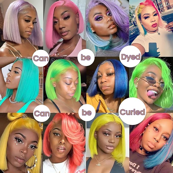8 Inch Bob Wig Human Hair 13x4 HD Transparent Human Hair Lace Front Wigs Pre Plucked Light Green Short Wigs for Women 180% Density Straight Lime Green Bob Lace Wig with Natural Hairline