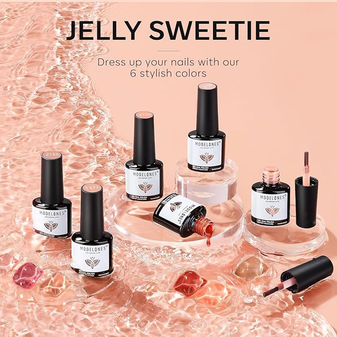 modelones Jelly Gel Nail Polish, 6 Colors Nude Brown Pink Gel Polish Neutral Nail Art Design Translucent Soak Off LED Nail Lamp Manicure Salon DIY Girls Women Gift