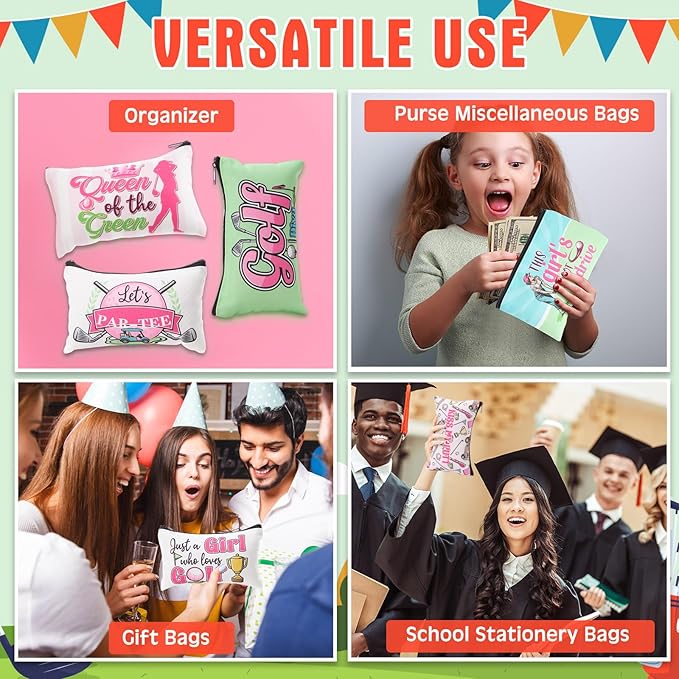 24 Pieces Makeup Bags Bulk Canvas Cosmetic Bags Purse Organizer Zipper Cosmetic Pouch Portable Travel Toiletry Pouch for Women Men Gifts, 7 x 4 Inch(Golf)