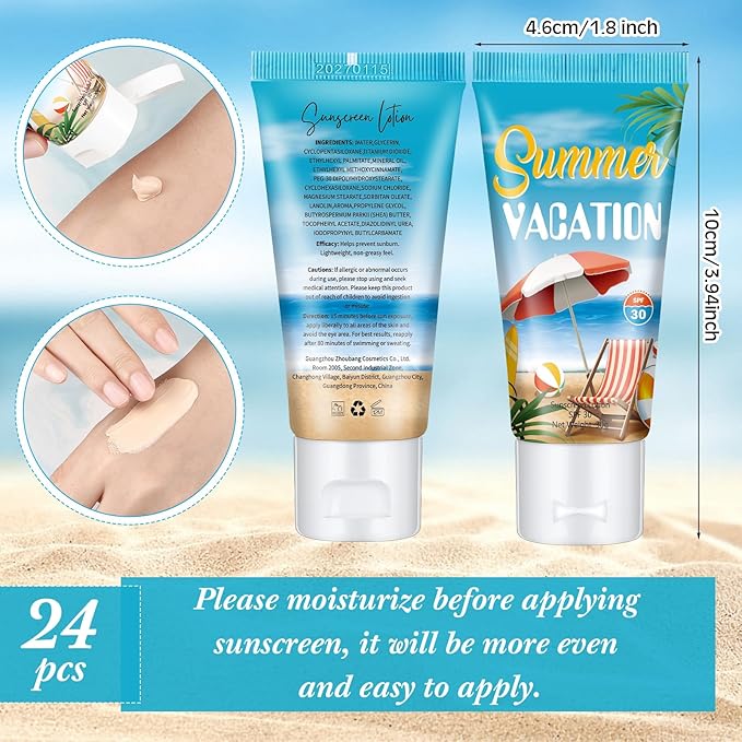 24 Pcs Mini Sunscreen Bulk for Summer Wedding Party Spf 30 Water Resistant Sunscreen Lotion Bulk 1oz Travel Size for Thank You Gifts Wedding Party Supplies(Skin Color Cream,Vacation)