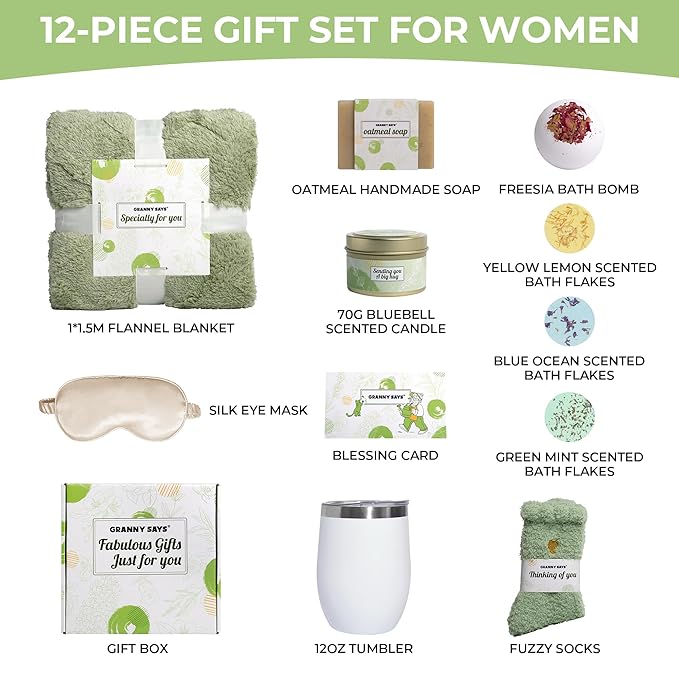 GRANNY SAYS Birthday Gifts Box for Women Unique, Spa Gifts, Self Care Get Well Soon Gifts for Women, Care Package with Flannel Blanket for Mom, Best Friends, Wife, Sister, Green