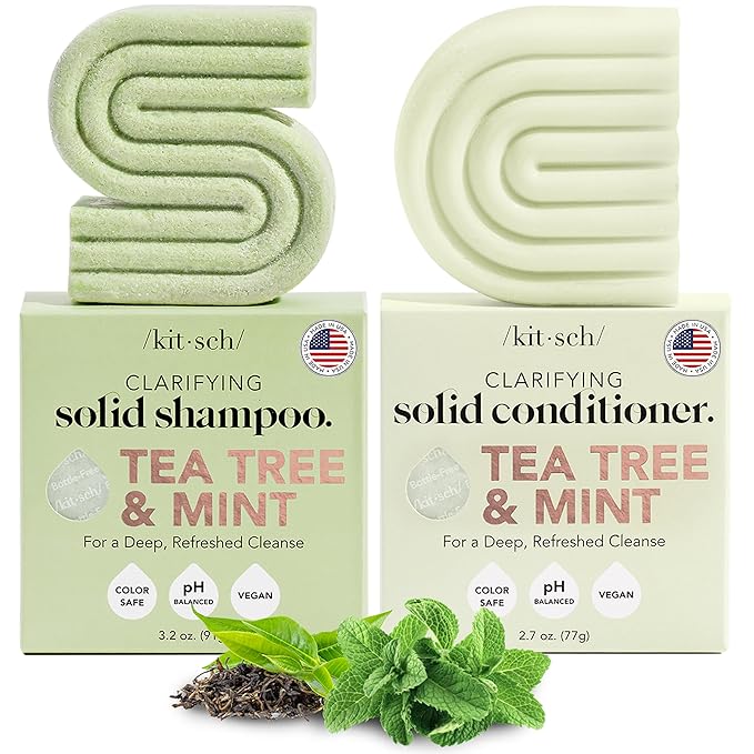 Kitsch Tea Tree & Mint Shampoo and Conditioner Bar Set, Hair Color Safe, Zero Waste, Vegan, Eco Friendly, Made in US, For All Hair Types, Paraben Free & Sulfate Free - 2pcs