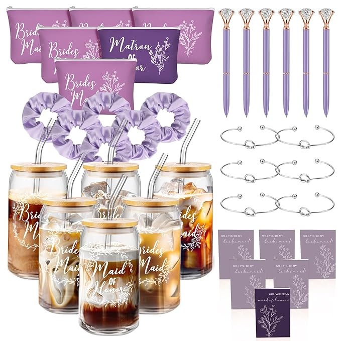 Irenare 36 Pcs Bridesmaid Proposal Gifts Bridal Shower Gifts 16 oz Glass Cup Cosmetic Makeup Bags Invited Cards Scrunchies Hair Knotted Bracelets Diamond Pens Favors for Wedding (Purple)