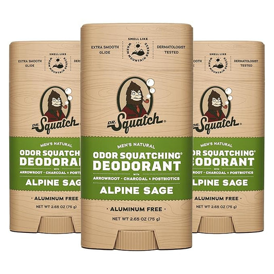 Dr. Squatch Natural Deodorant for Men - Odor-Squatching Aluminum Free - Alpine Sage (2.65 oz, 3-Pack)