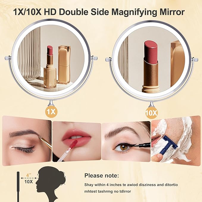 9 Inch Large Rechargeable Lighted Makeup Vanity Mirror Wall Mounted, 1X/10X Magnifying Mirror with Light for Bathroom 3000mAh USB Charging, Chrome Wall Mounted Mirror Swing Arm with 3 Light for Makeup