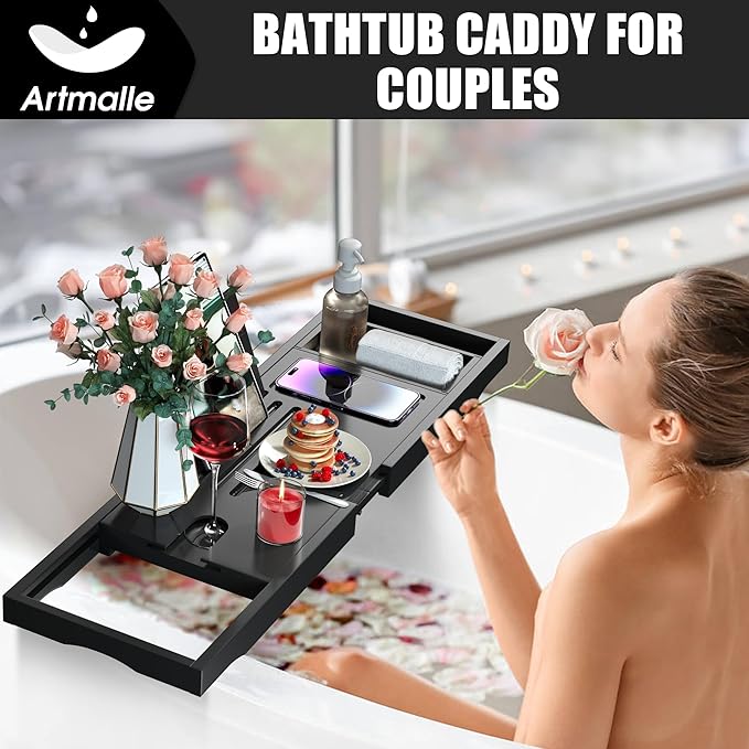 Artmalle Foldable Bathtub Tray Table, Bamboo Bathtub Caddy Tray for Tub with Book Holder for Luxury Bath, Bathroom Accessories for Women Men with Free Soap Dish (Semi-Simple, Black)