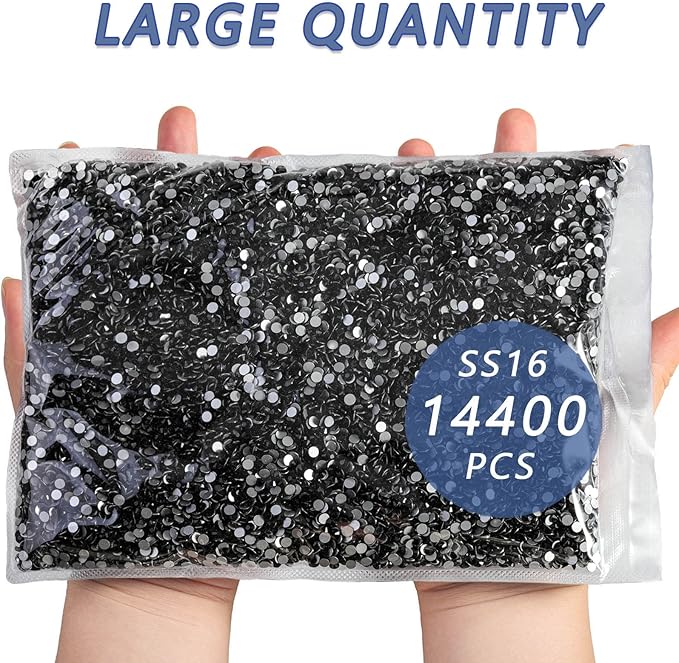 Beadsland Flatback Rhinestones Bulk,14400pcs Black Rhinestones for Nails Crafts Clothes DIY Decoration, Jet Black, SS16, 3.8-4.0mm
