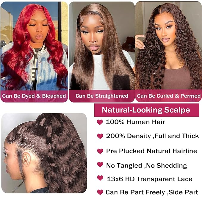 30 Inch 13x6 Chocolate Brown Lace Front Wig Human Hair 200 Density HD Transparent Body Wave Lace Front Wigs Human Hair Pre Plucked Glueless Frontal Brown Wig Human Hair Color #4